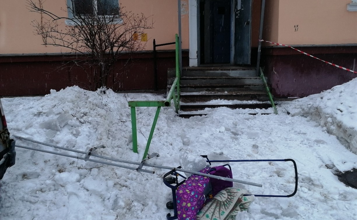 На улице Аносова в Туле упавшая с крыши глыба льда чуть не покалечила ребёнка